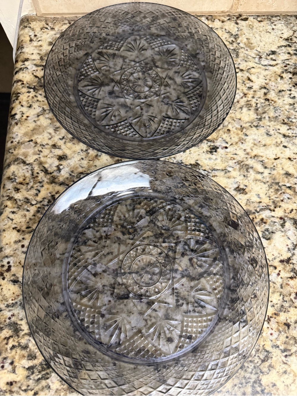 Set of 2 Clear Pressed Glass Dinner Plates with Embossed Floral Pattern